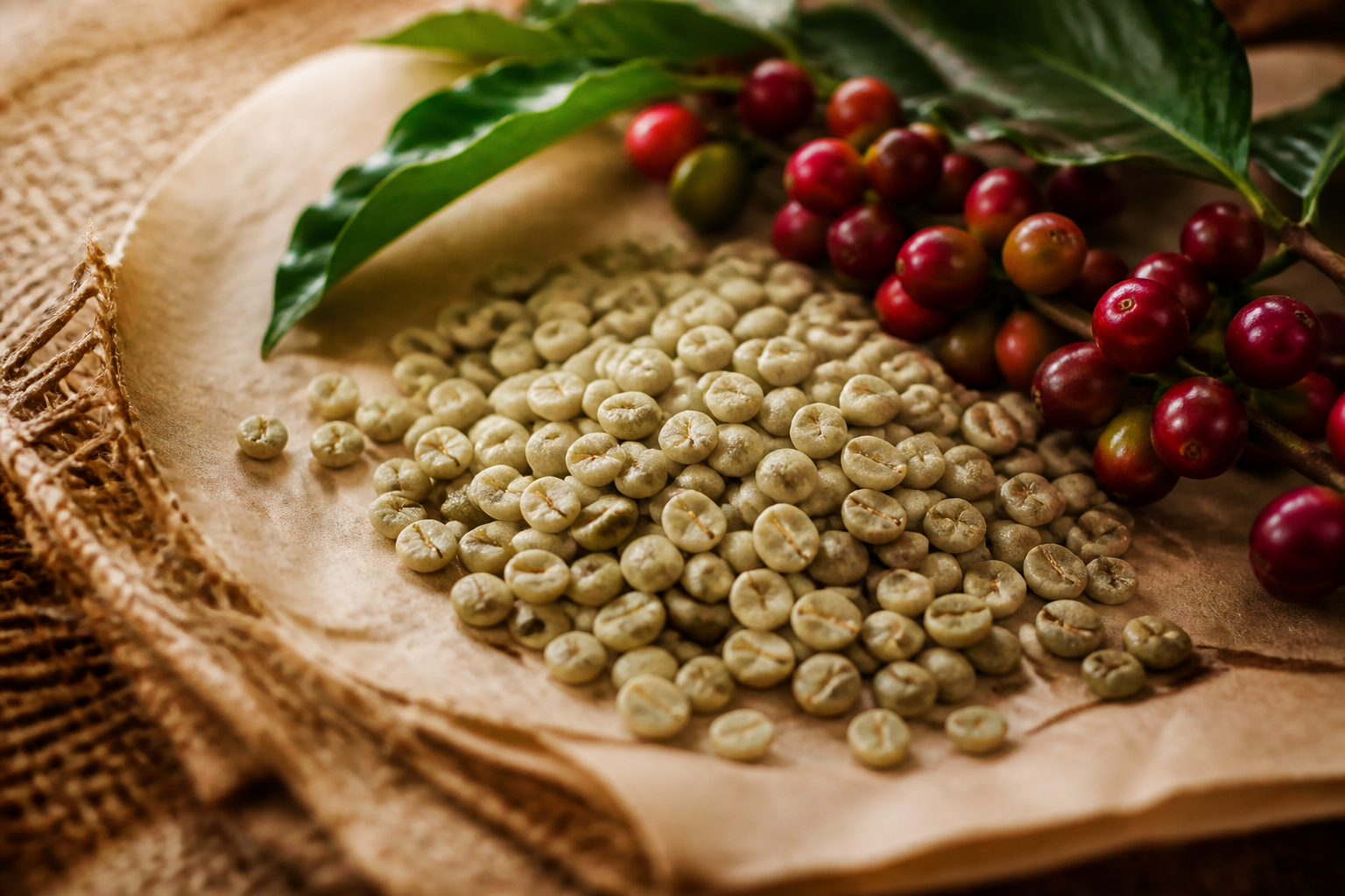 Green coffee beans and coffee material closeup