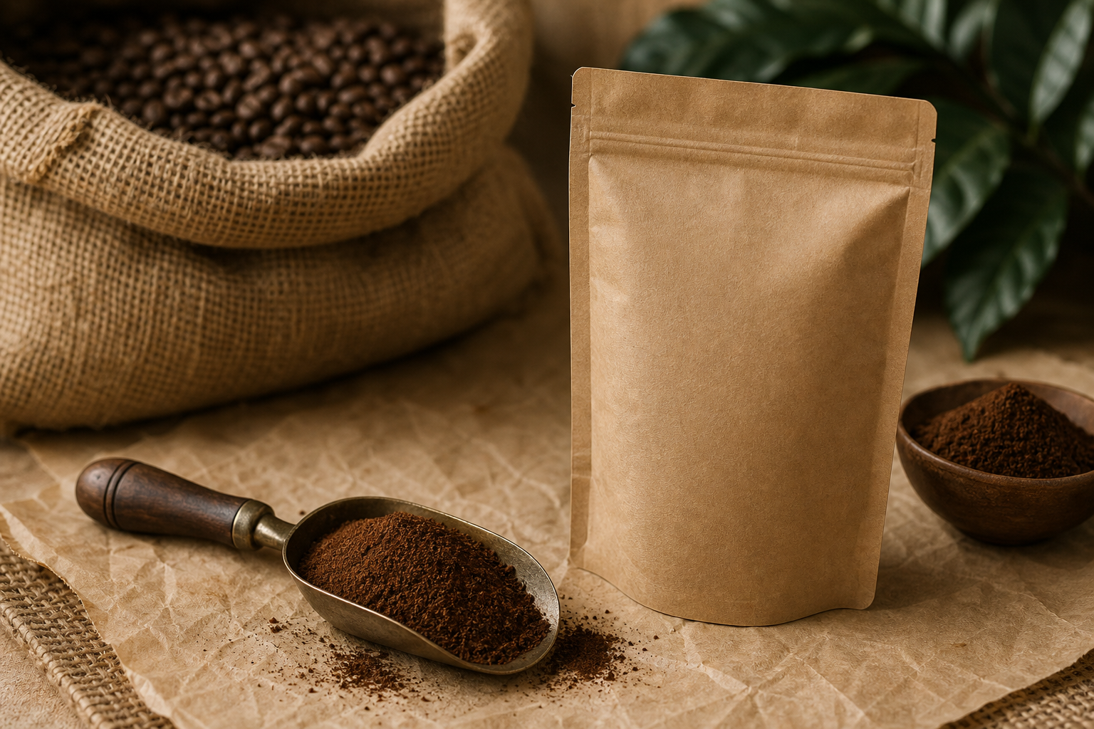 Ground coffee and packing material