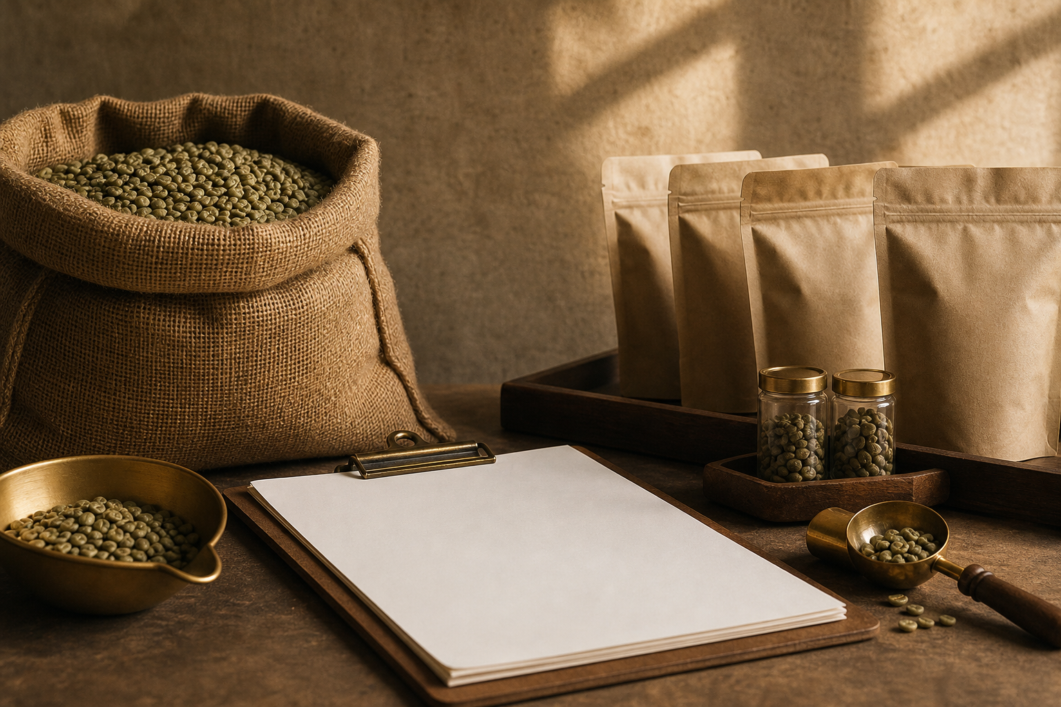 Green coffee and blank documentation materials