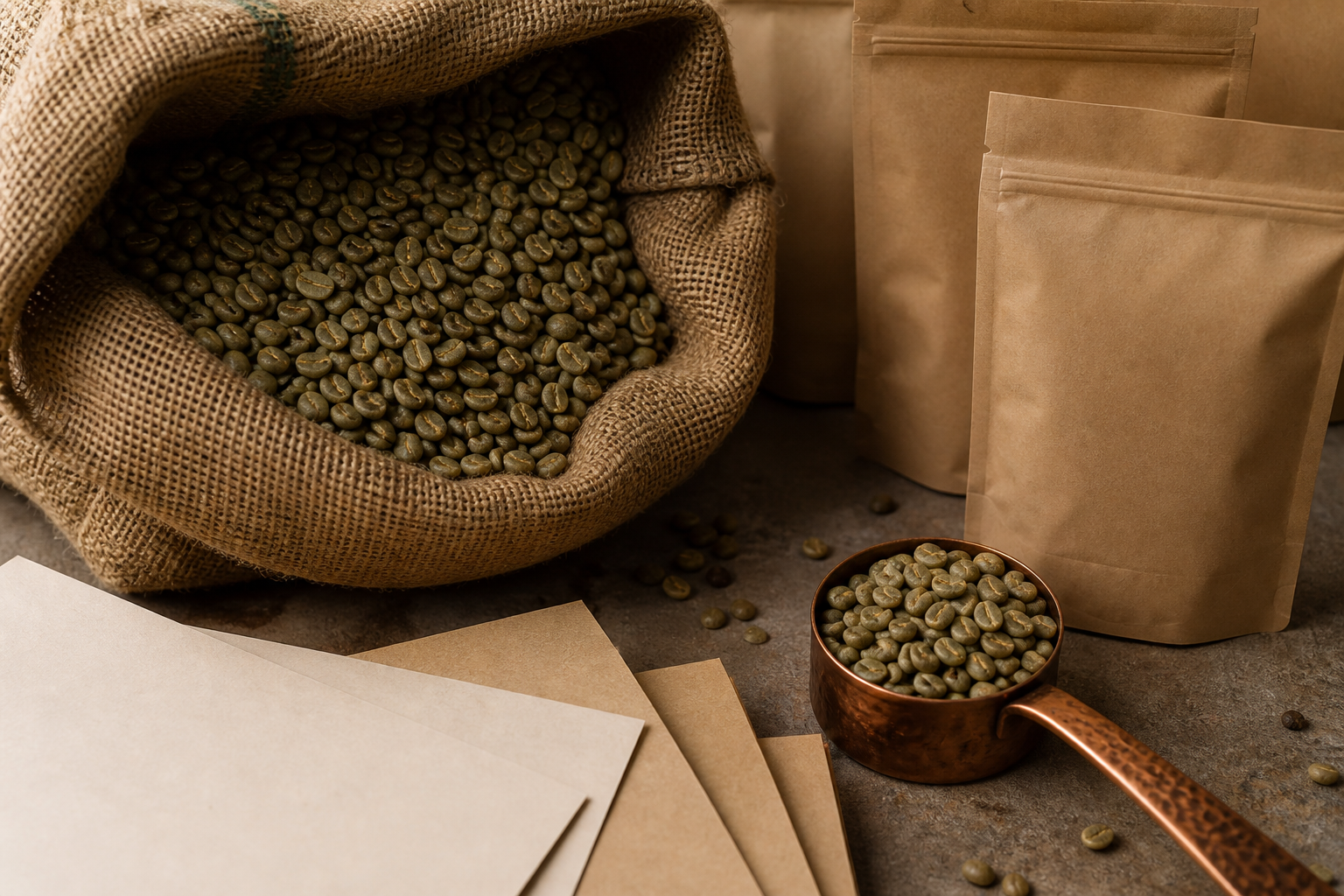 Coffee samples, blank papers, and packing discussion materials